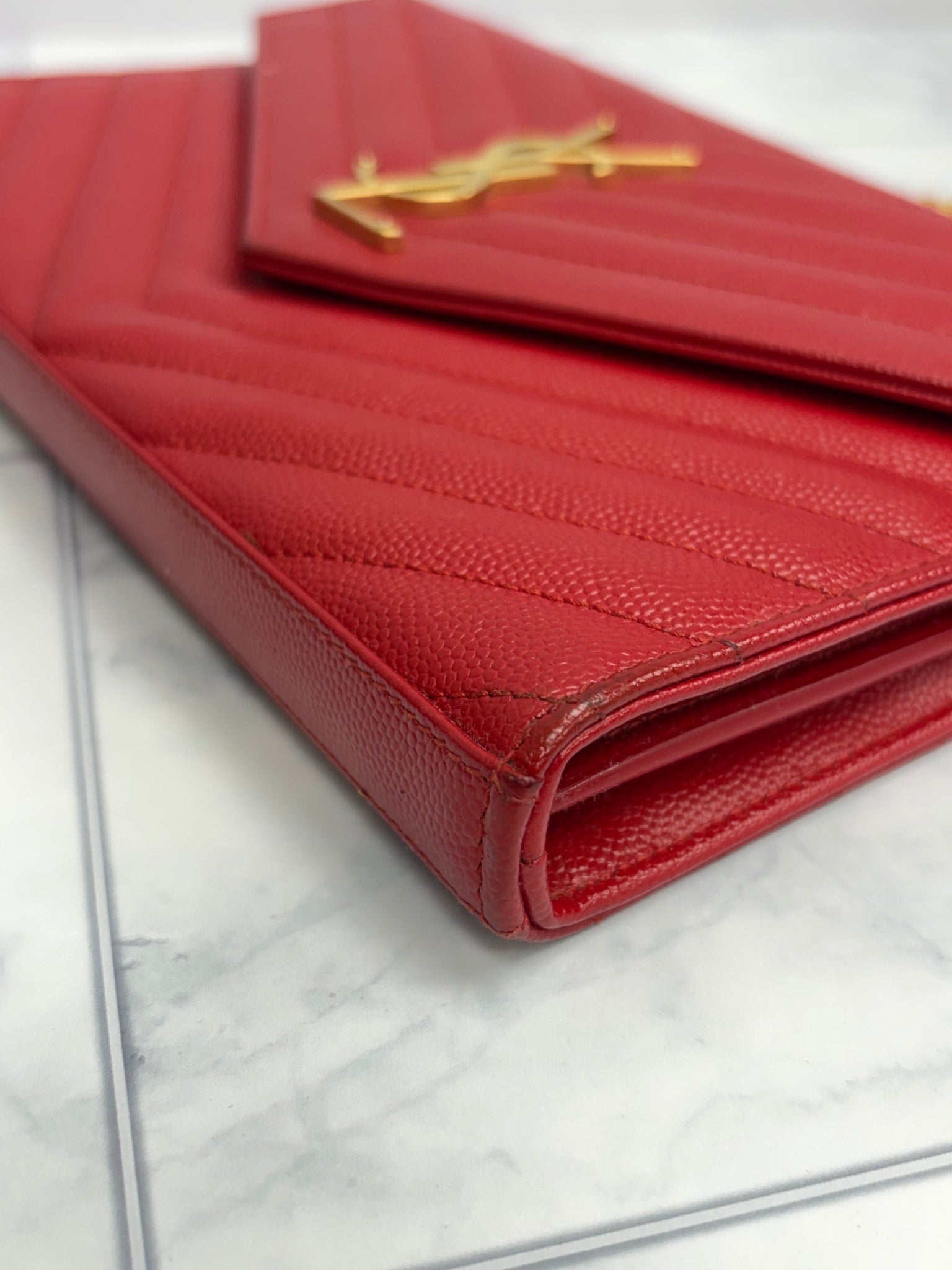 Saint Laurent YSL Red Caviar Wallet on a chain