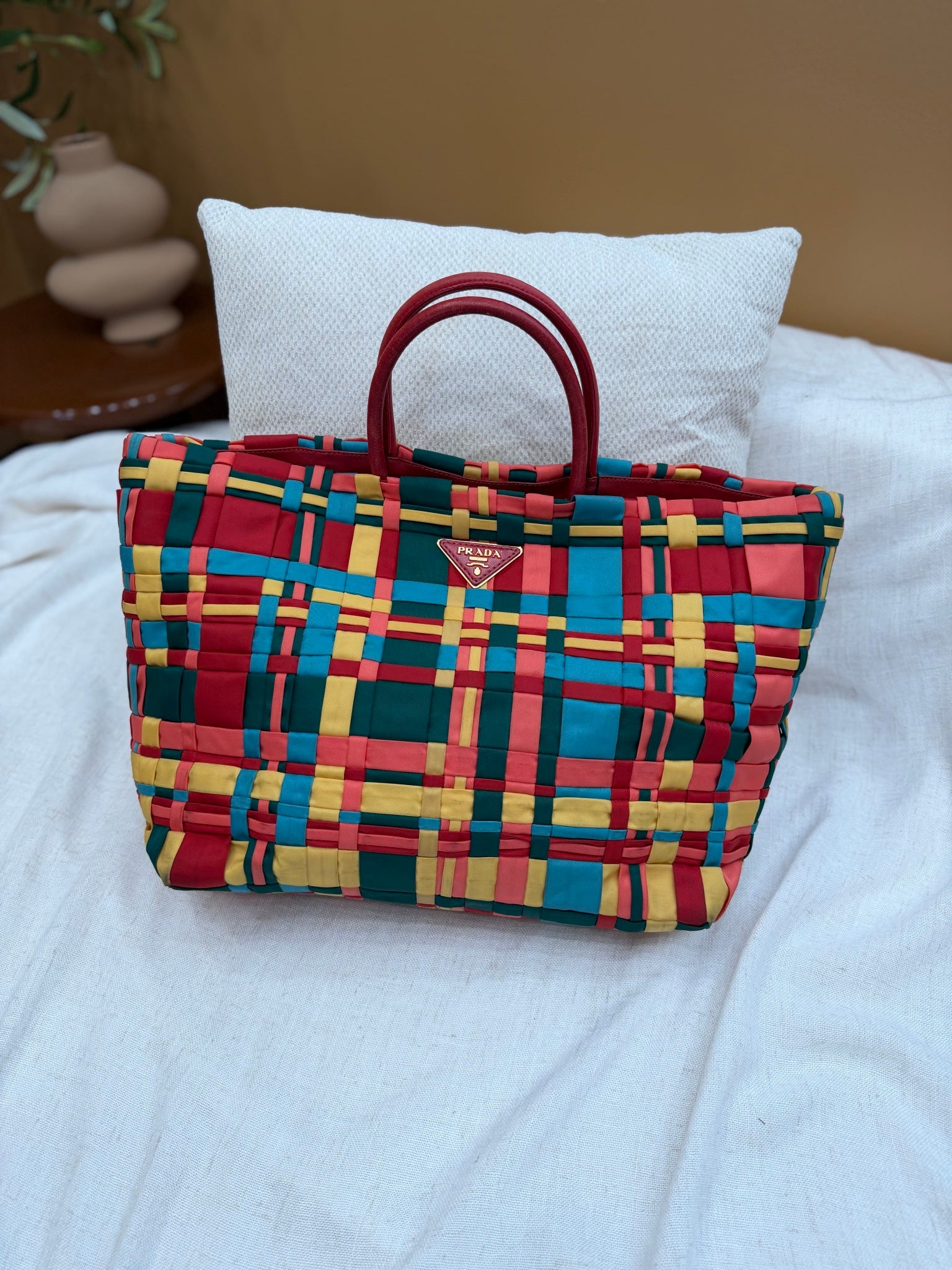 Prada Multicolor Woven Nylon Large Tote Bag