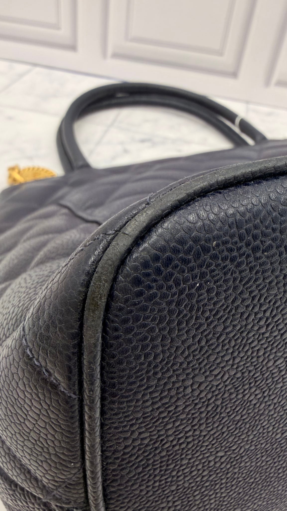 Chanel Navy Quilted Caviar Leather Medallion Tote Bag