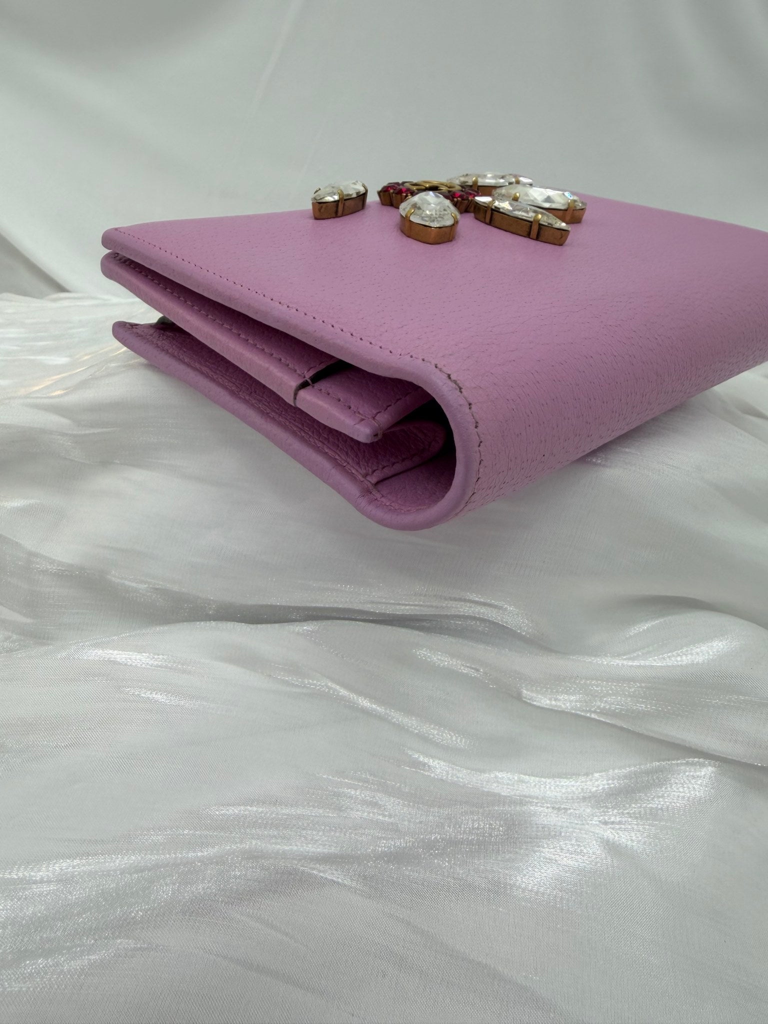 Gucci Pink Leather Marmont Marquise Crystal Wallet on a Chain
