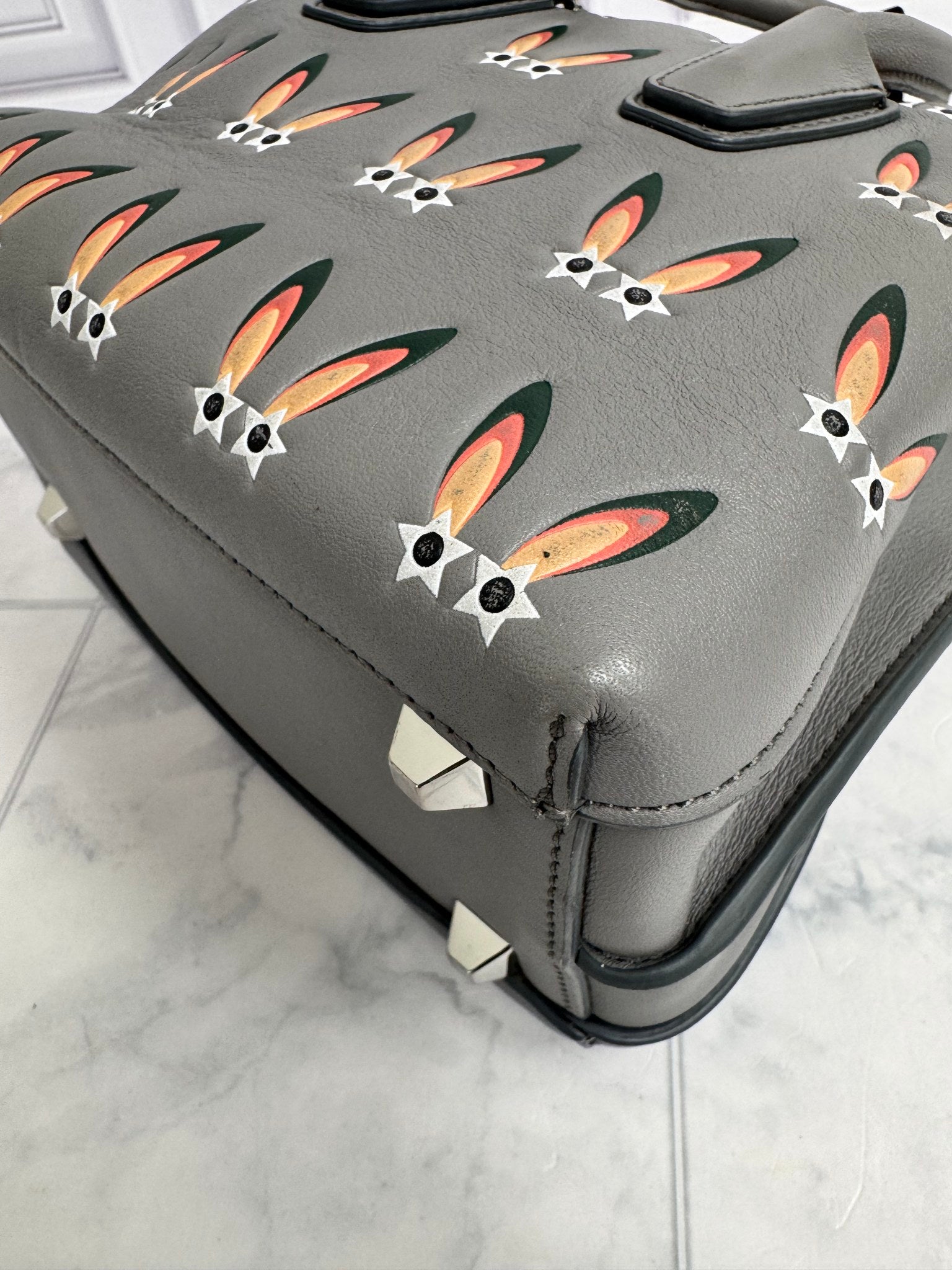 MCM Grey Leather Star Eyed Bunny Mini Tote Bag