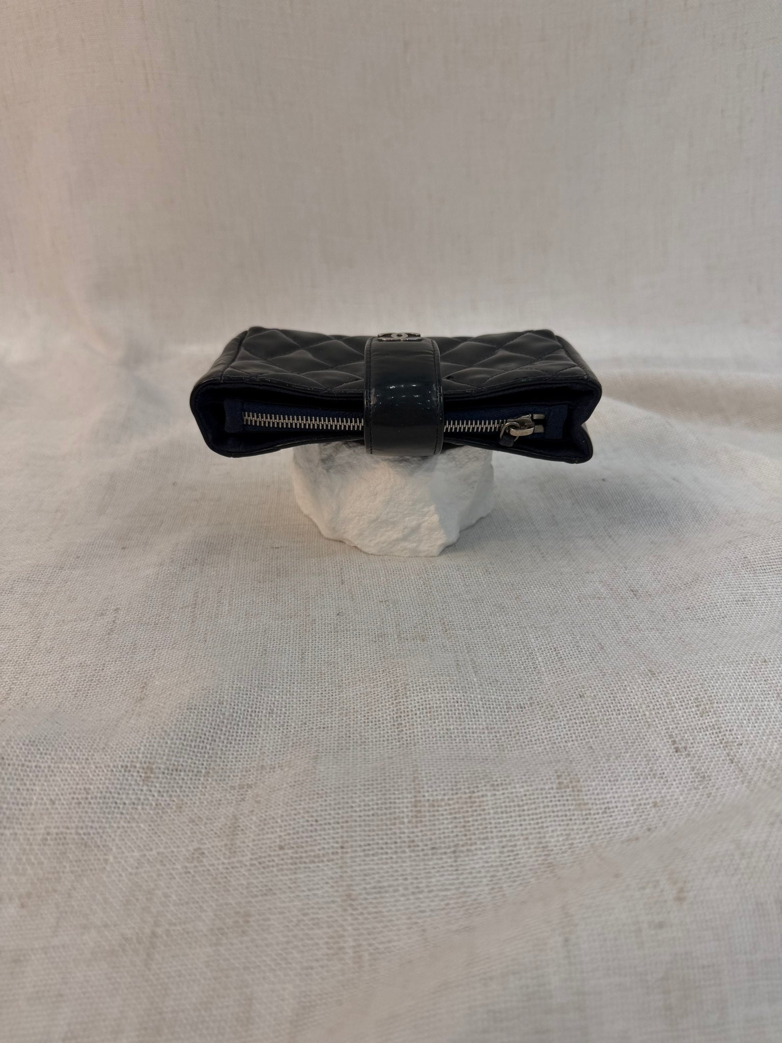 Chanel Navy Patent Leather Quilted Wallet Pouch