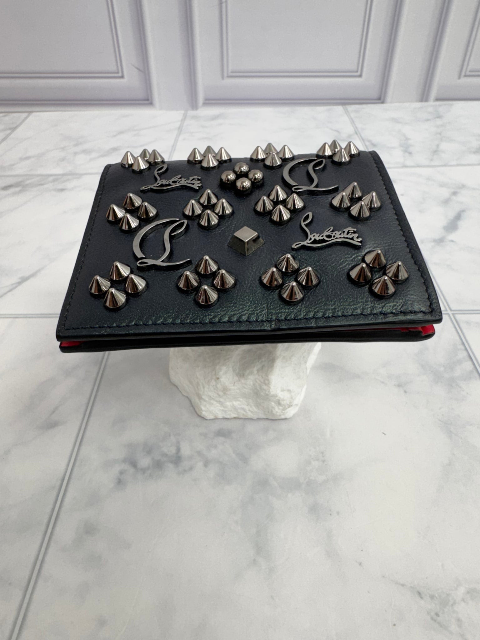 Christian Louboutin Iridescent Black Studded Leather Compact Bifold Wallet