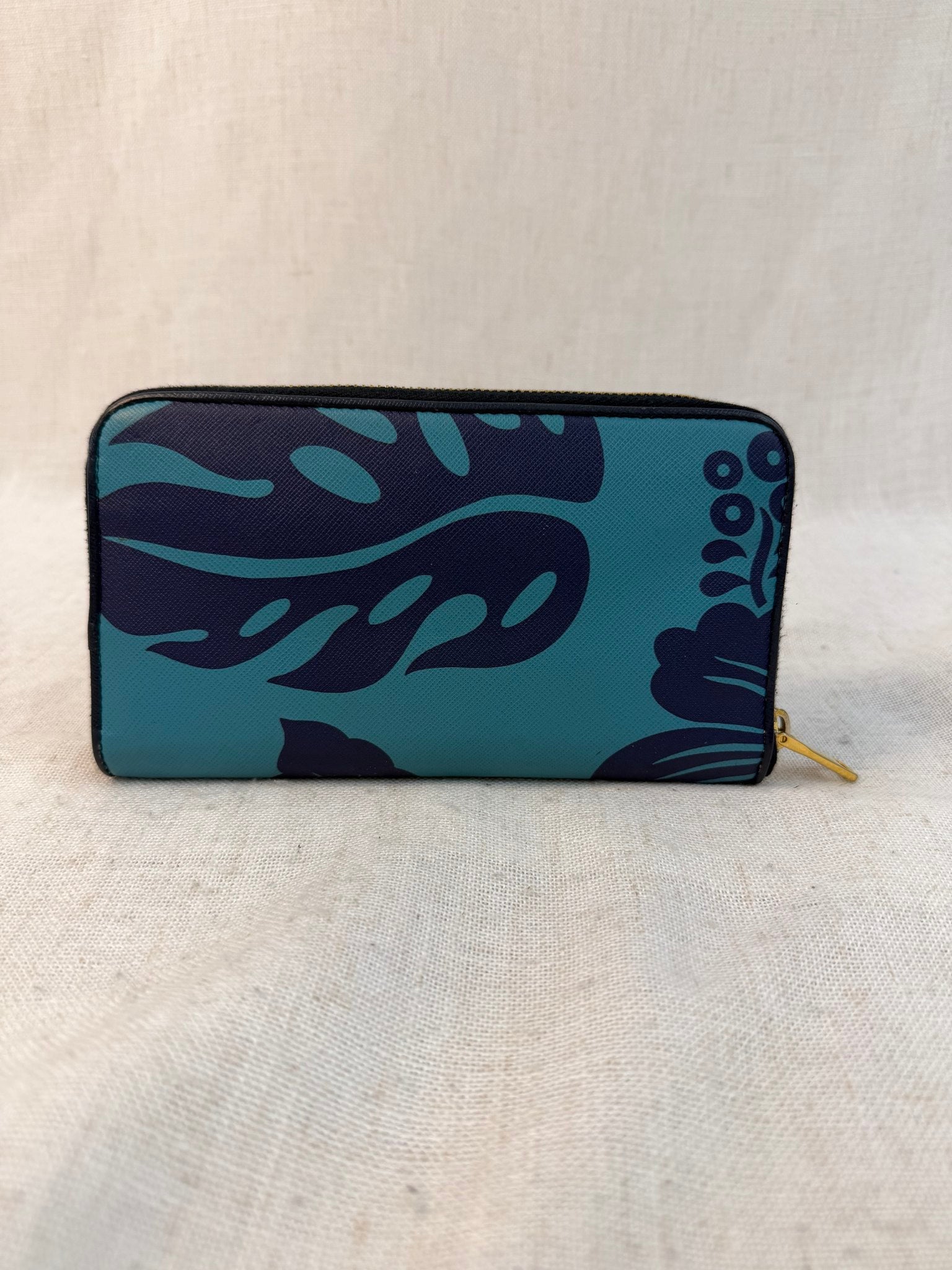 Prada Blue Saffiano Leather Floral Print Zippy Wallet