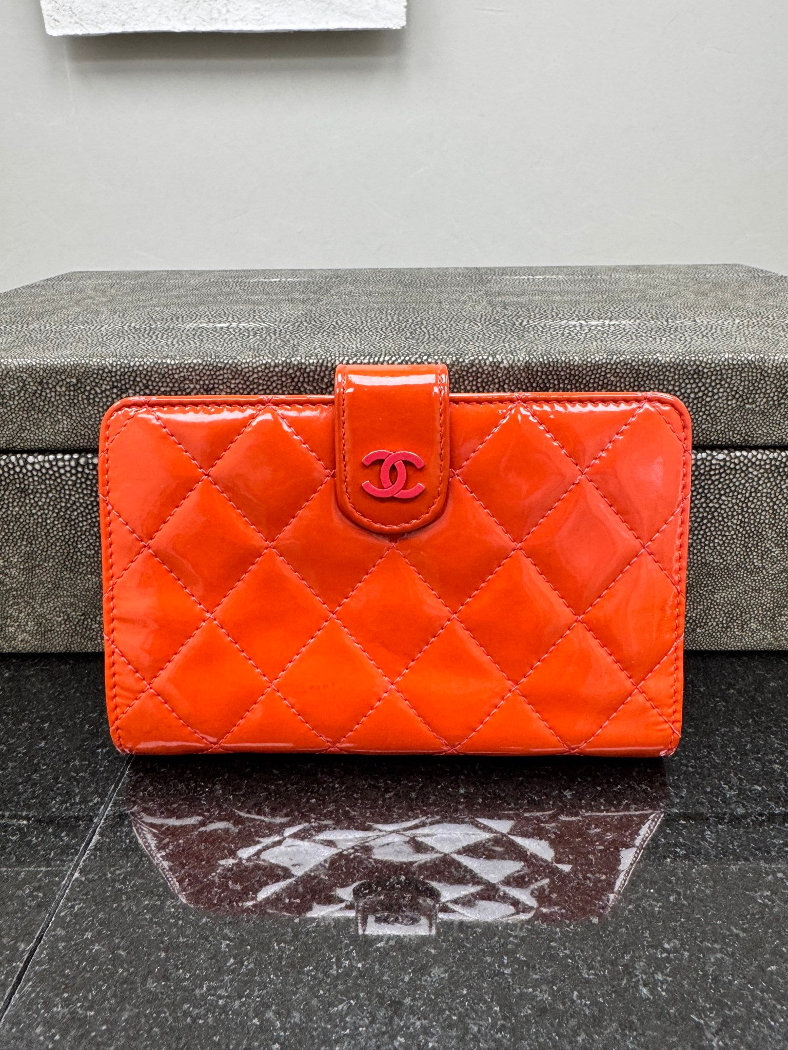 Chanel Orange Quilted Patent Leather Compacted Zippy Wallet