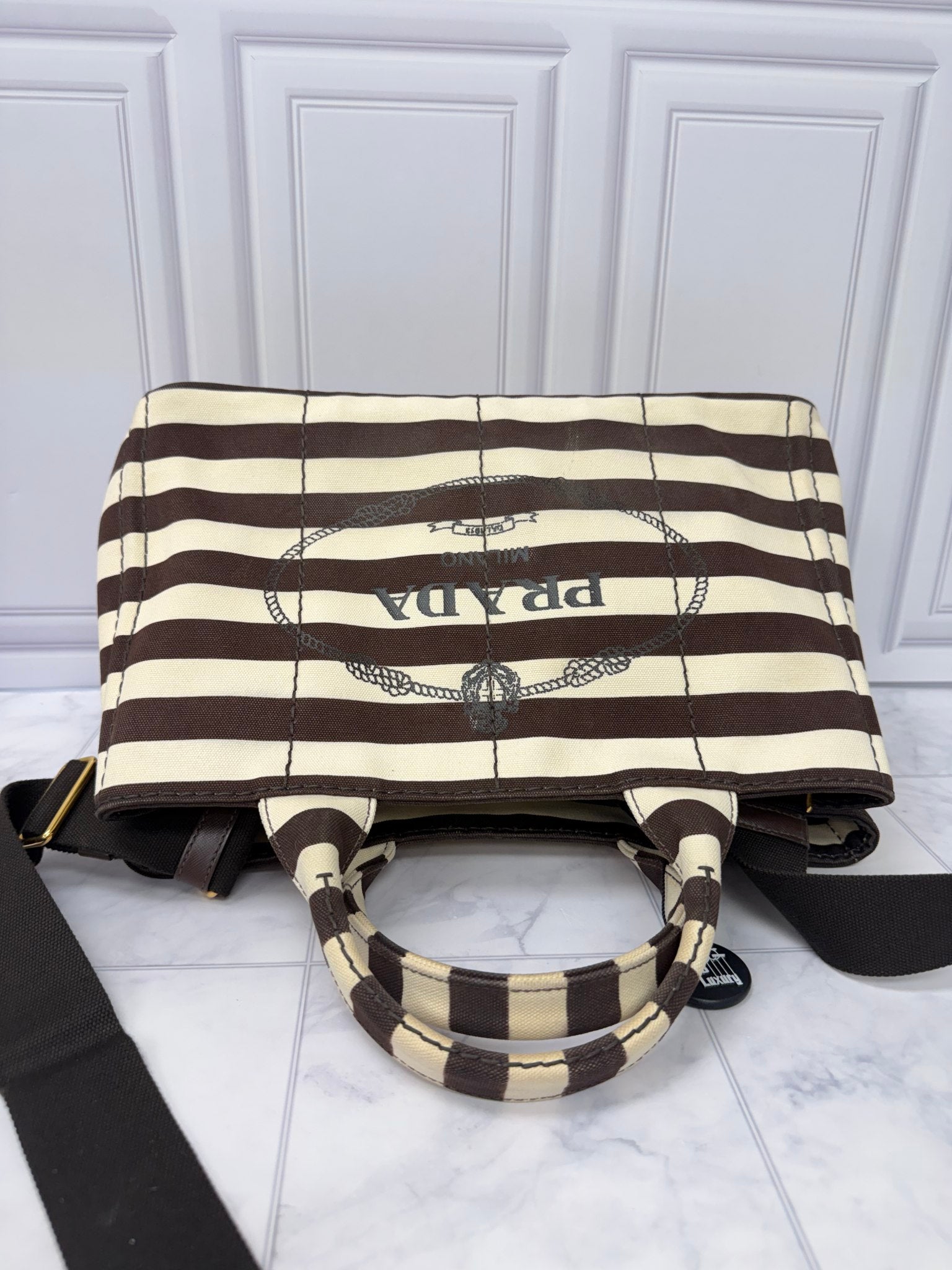 Prada Brown And Cream Canvas Canapa Striped Medium Tote Bag