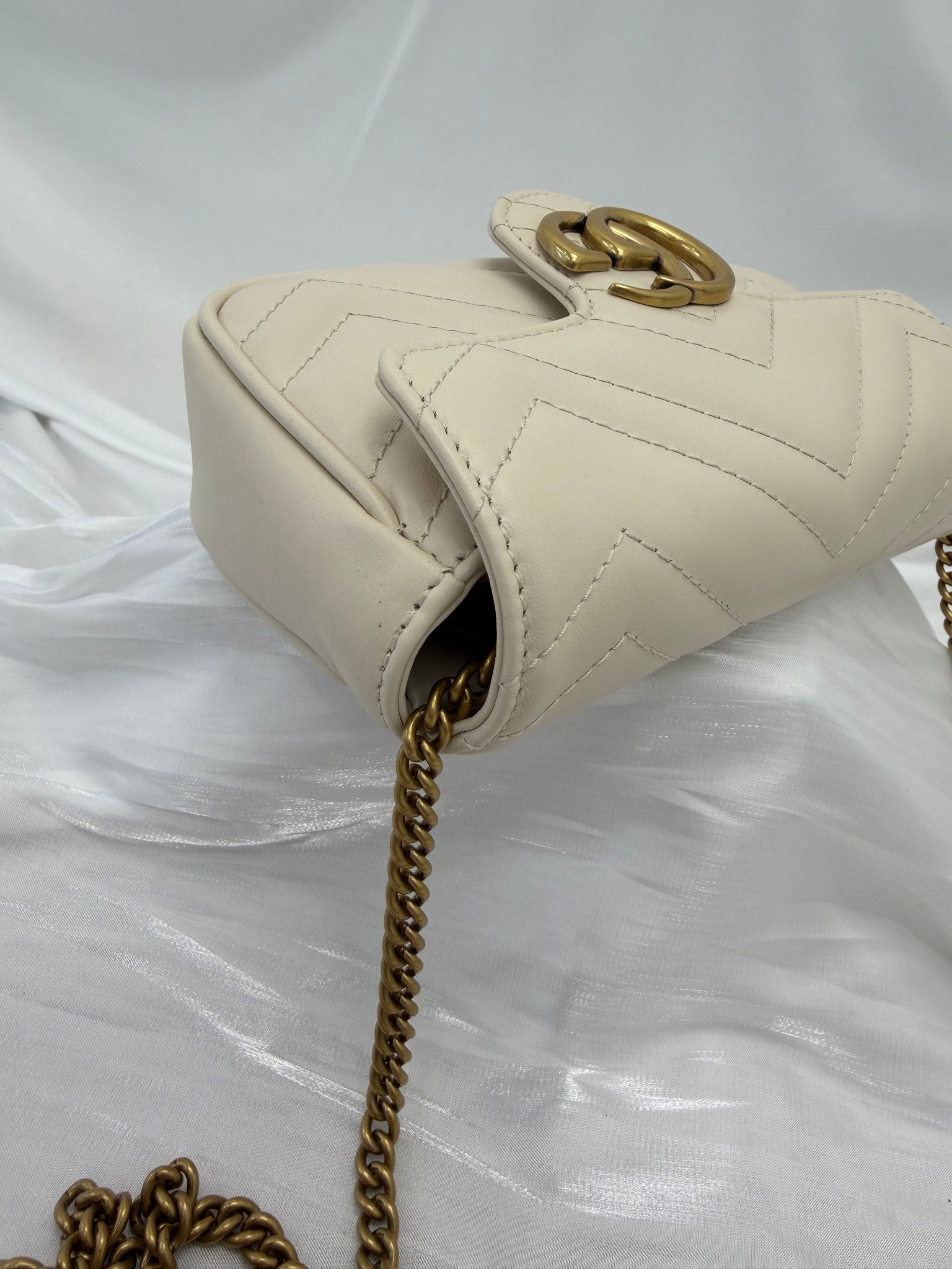 Gucci Ivory Leather Chevron Marmont Super Mini Bag