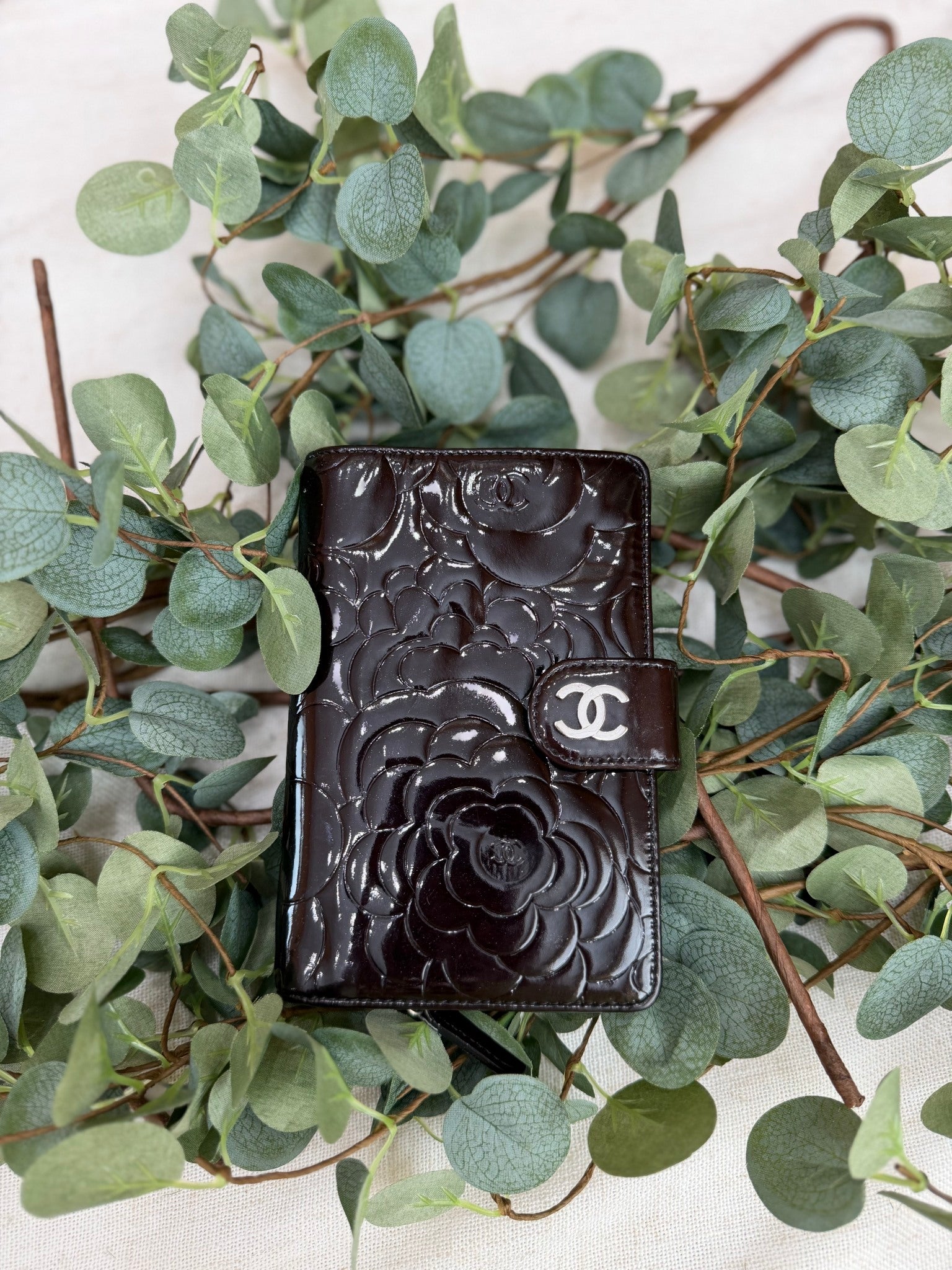 Chanel Black Patent Leather Cameilla Compact Wallet