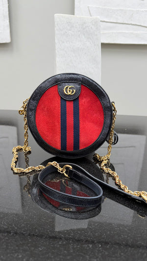 Gucci Red Suede & Black Patent Leather Round Marmont Mini Round Chain Bag