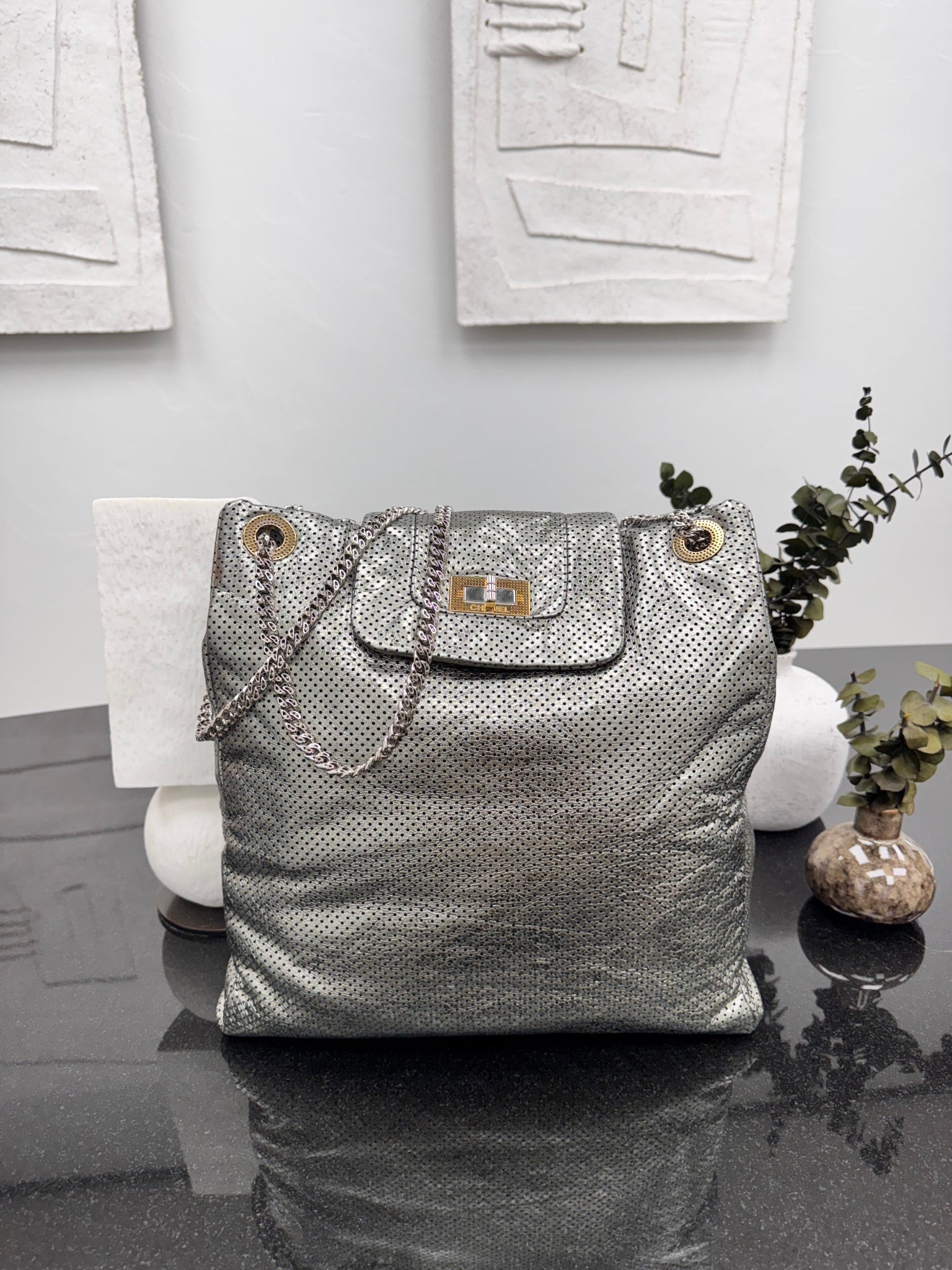 Chanel Metallic Silver Perforated Crackled Calfskin Large Drill Tote Bag