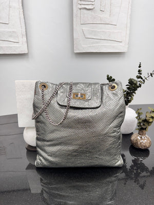 Chanel Metallic Silver Perforated Crackled Calfskin Large Drill Tote Bag