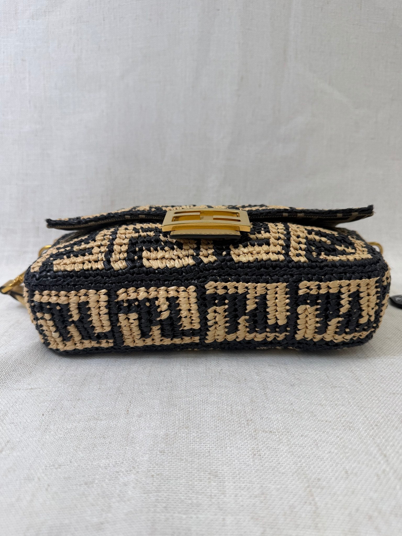 Fendi Navy And Tan Raffia FF Vitello Grace Baguette Handbag 