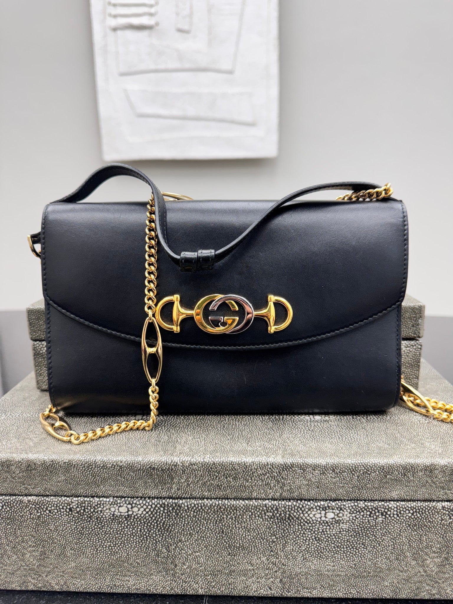 Gucci Black Leather Zumi Chain Shoulder Bag
