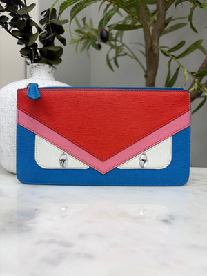 Fendi Blue & Red Leather Crystal Eye Monster Zip Pouch