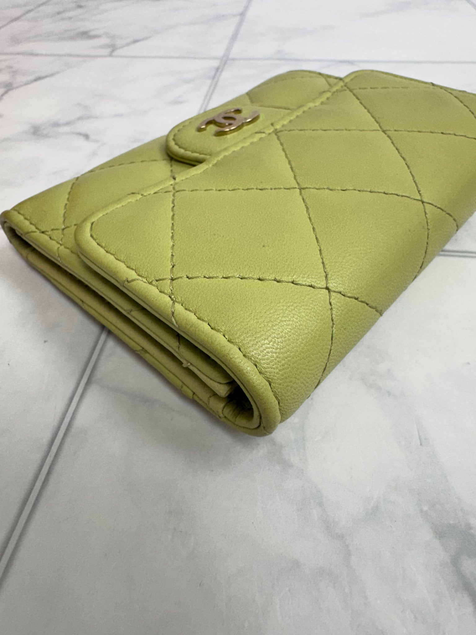 Chanel Green Diamond Quilted Leather Flap Compact Wallet