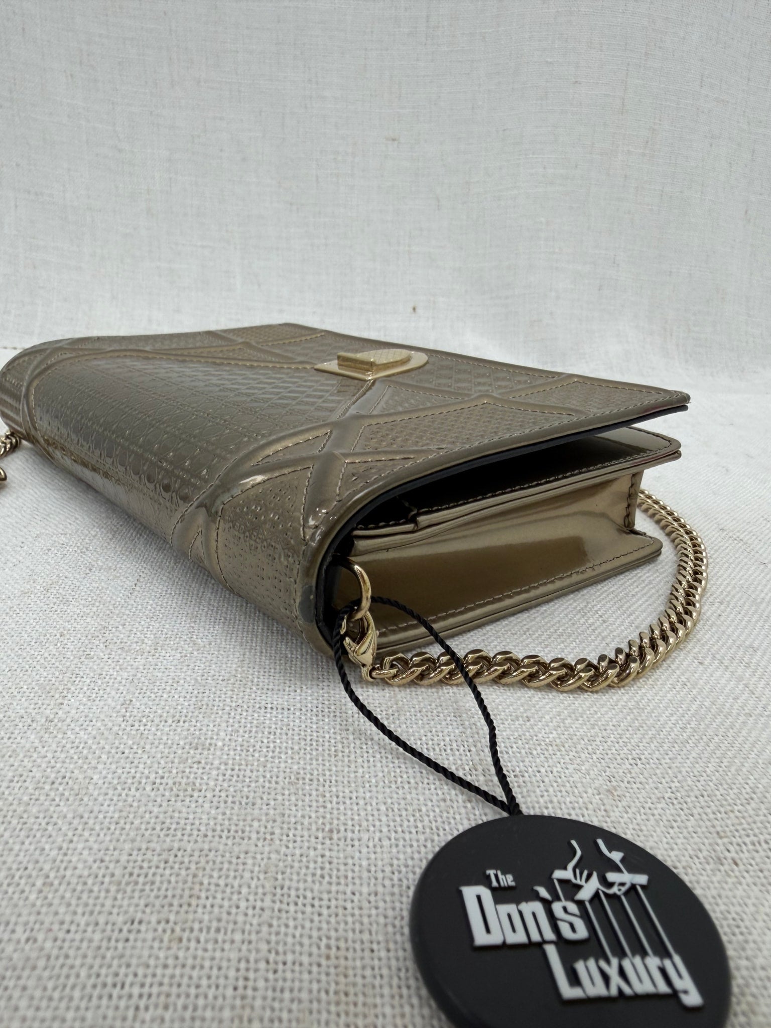 Christian Dior Bronze Patent Leather Microcannage Diorama Wallet on a Chain