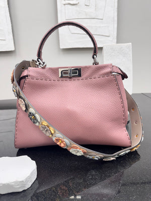 Fendi Dusty Rose Grained Leather Peekaboo Medium 2Way Bag With Flower Strap