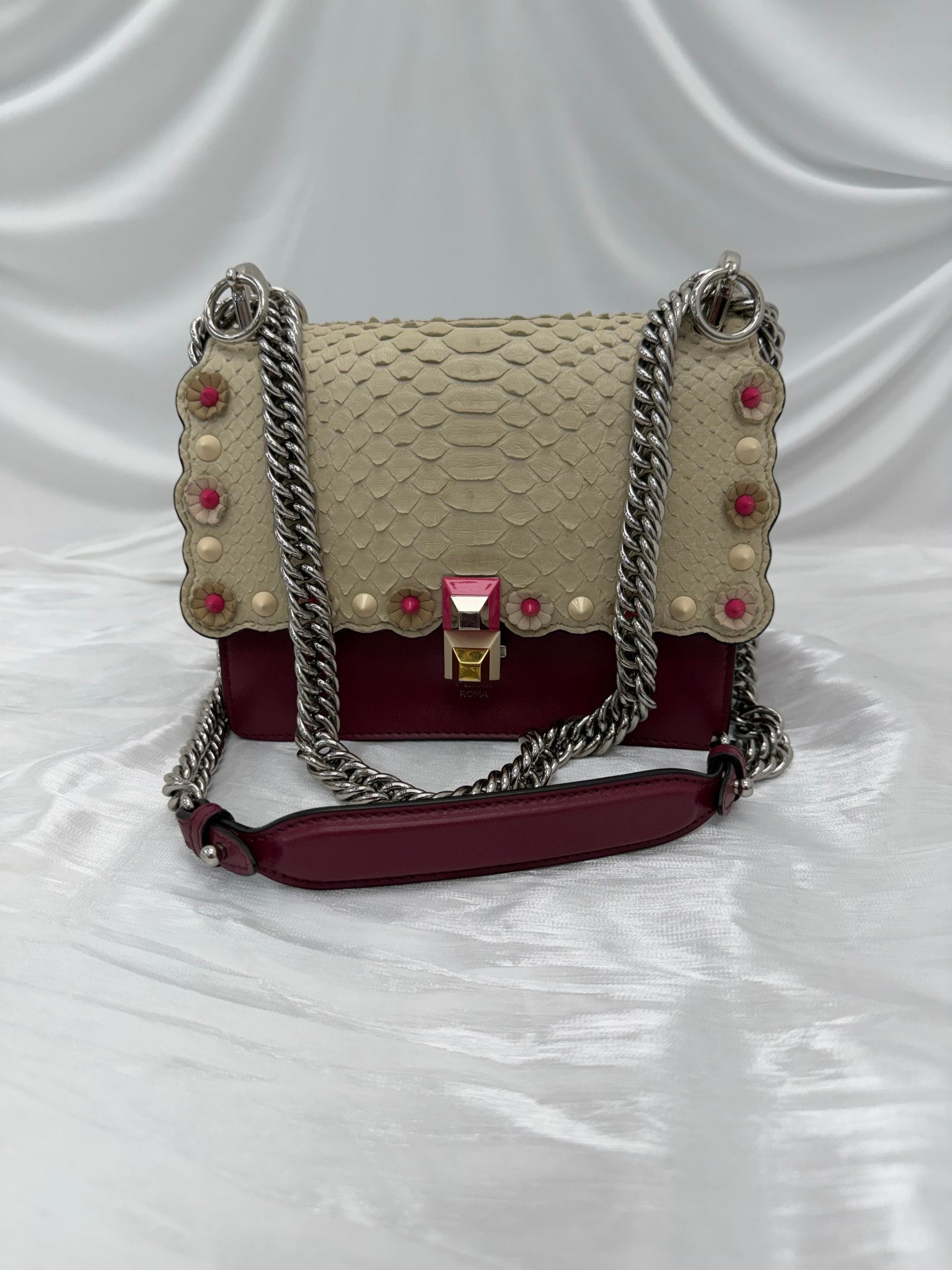 Fendi Ivory Python & Burgundy Leather Small Kan Shoulder Bag