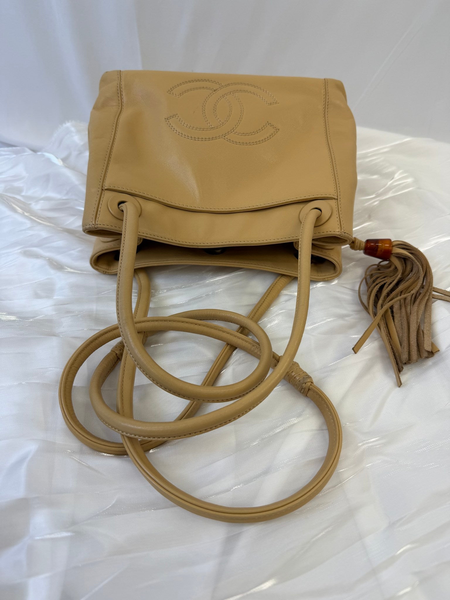 Chanel Tan Lambskin CC Tassel Shoulder Bag