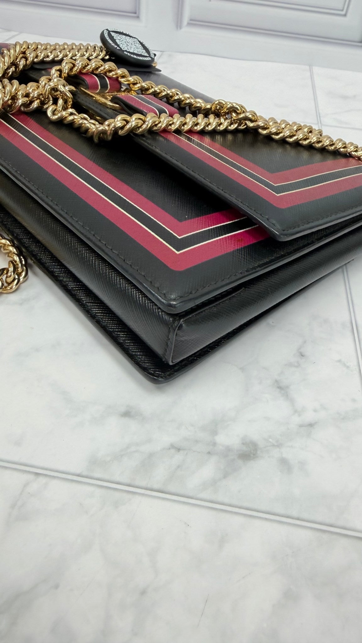 Salvatore Ferragamo Black Leather Pink Striped Chain Bag