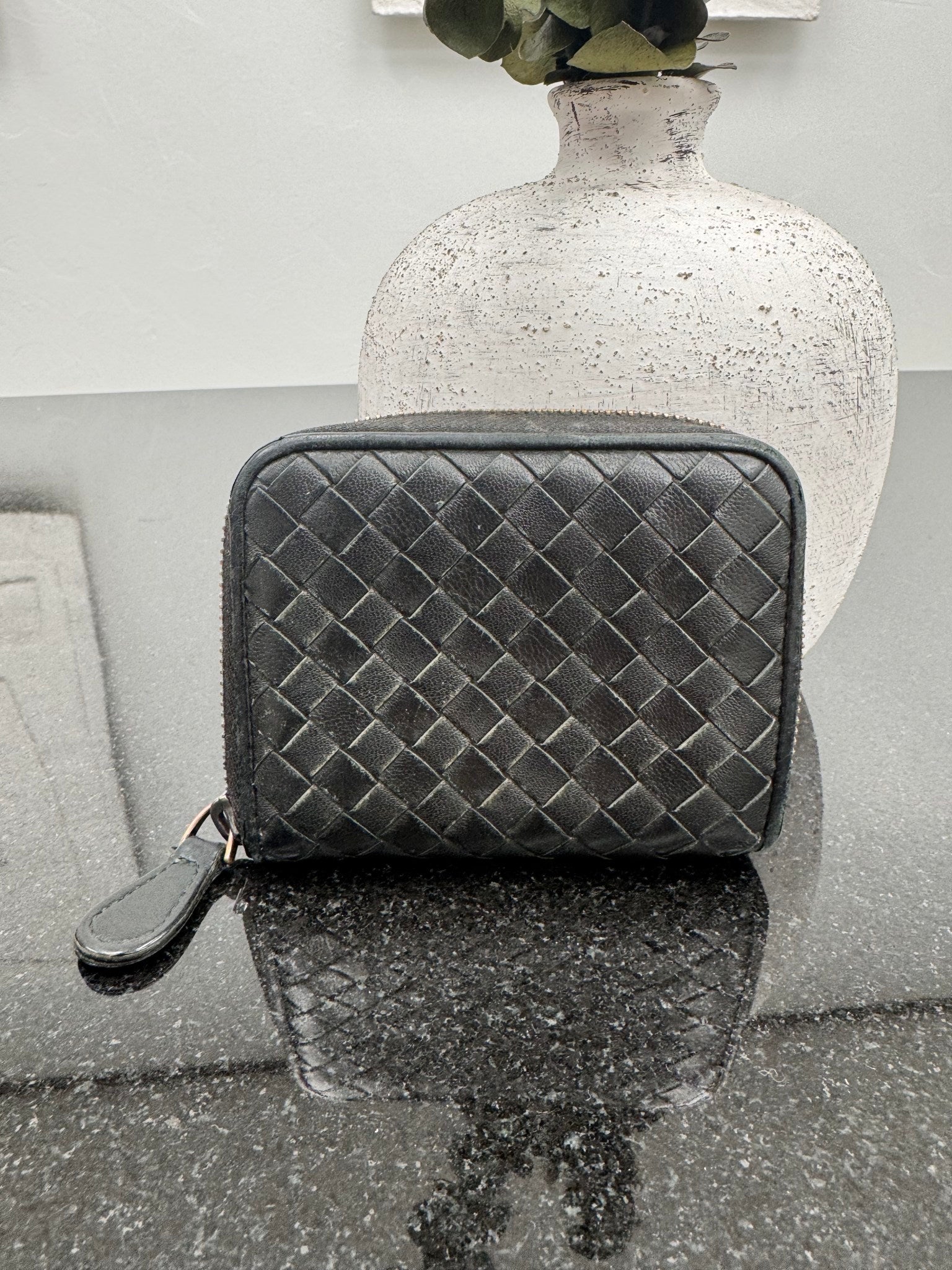 Bottega Veneta Black Intrecciato Leather Compact Zippy Wallet