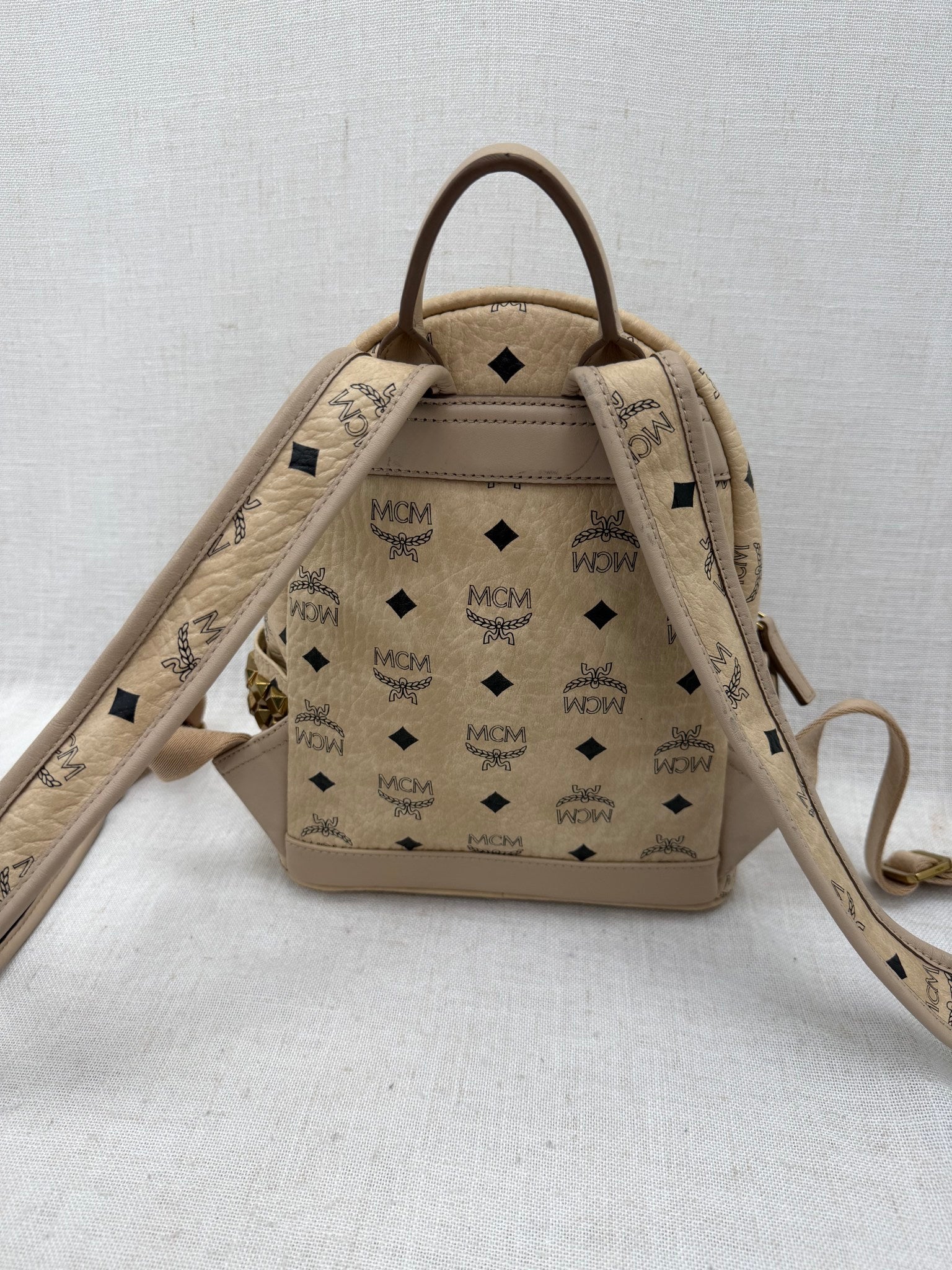 MCM Beige Visetos Leather Studded Mini Backpack