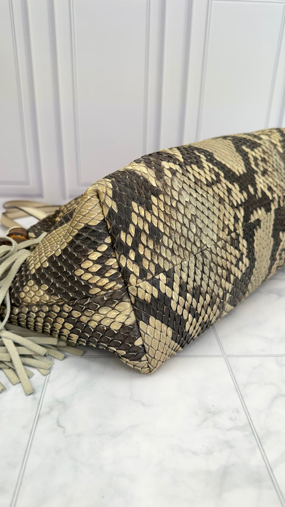 Gucci Snakeskin  & Beige Woven Leather Shoulder Tote
