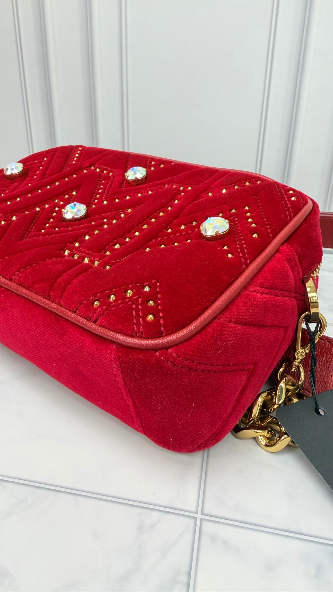 LIKE NEW - MCM Red Velvet Crystal Stud 2Way Crossbody Belt Bag
