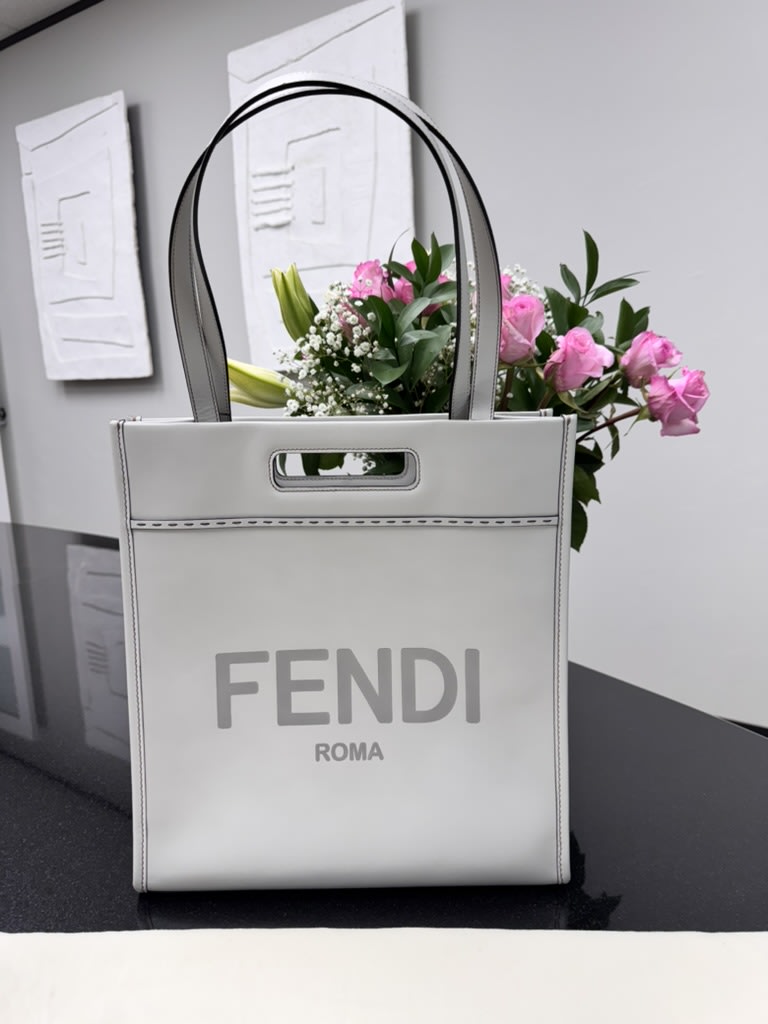 Fendi Grey Leather Large Shopper Tote Bag
