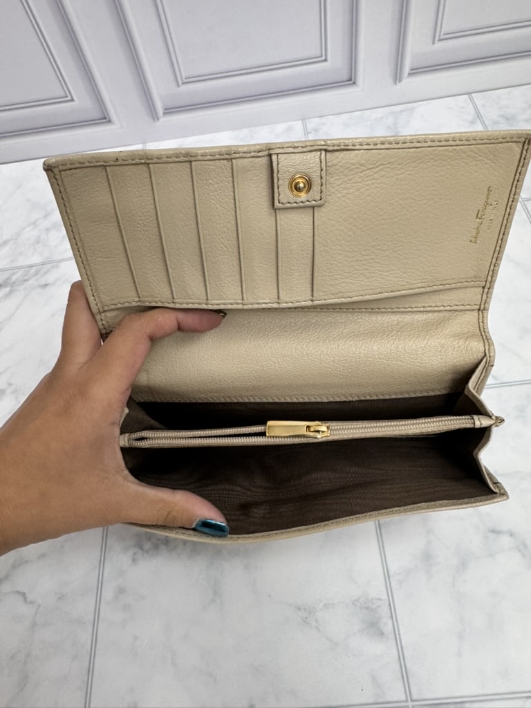 Salvatore Ferragamo Beige Grained Leather Long Wallet