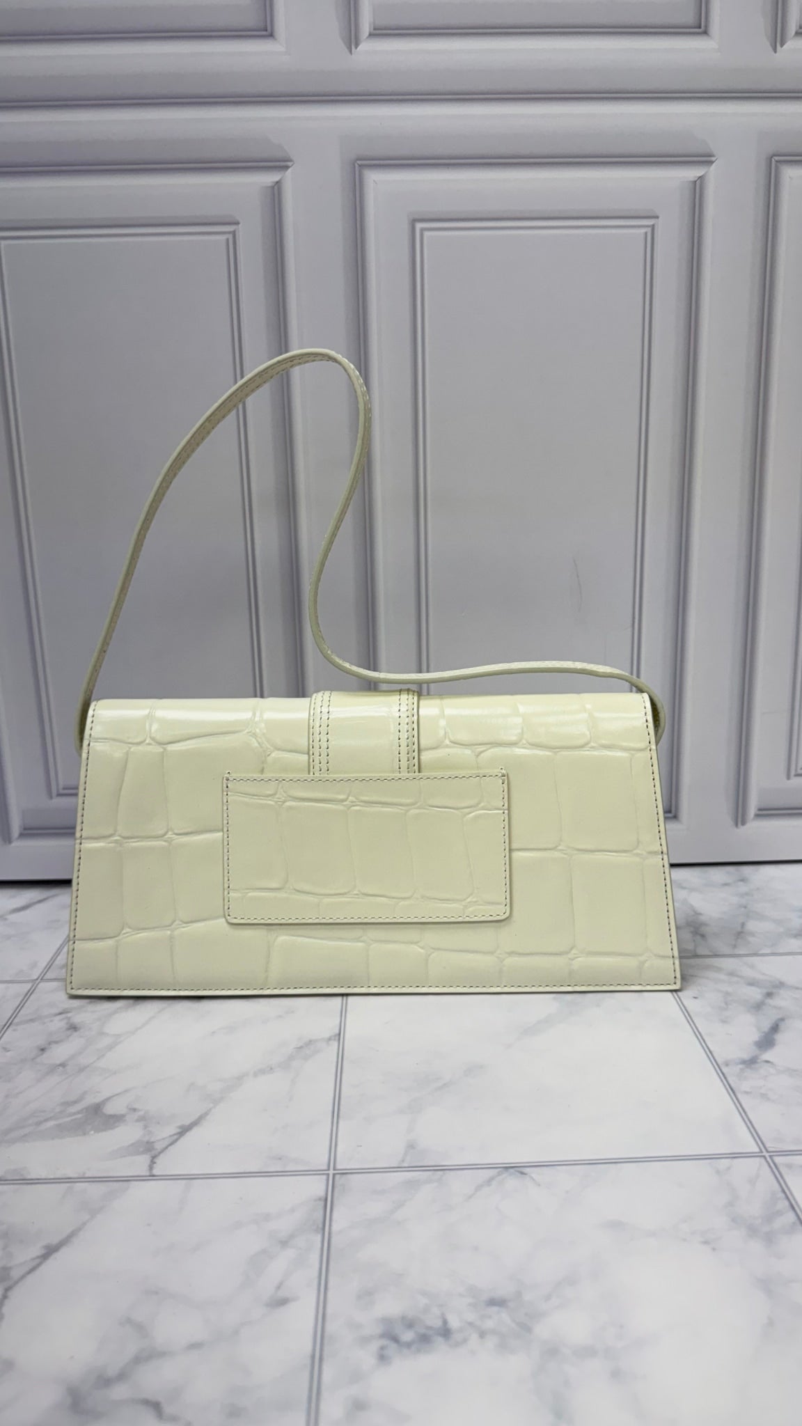 BRAND NEW - Jacquemus White Croc Embossed Leather Le Bambino Long Shoulder Bag