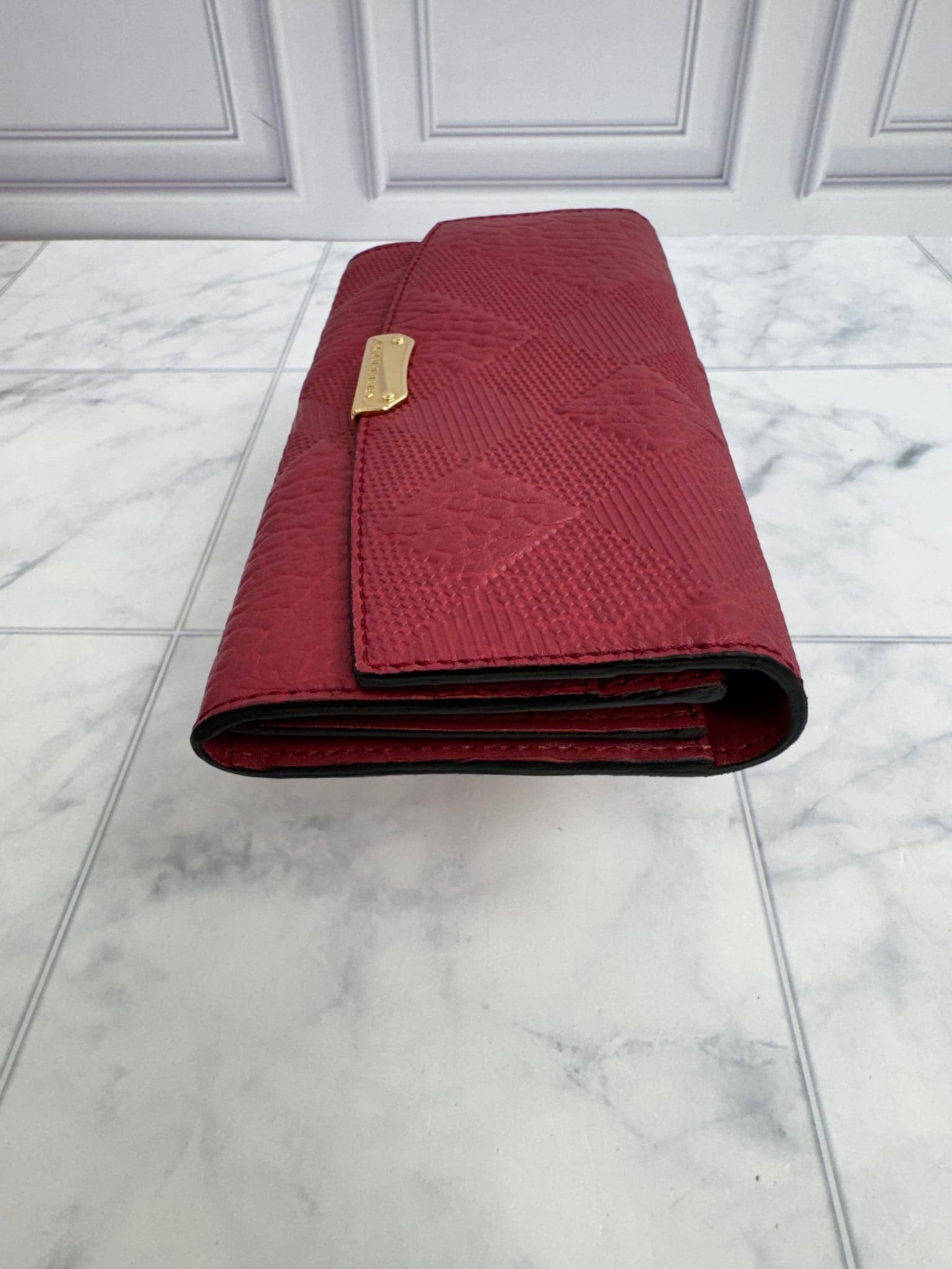 Burberry Burgundy Embossed Check Leather Porter Long Wallet