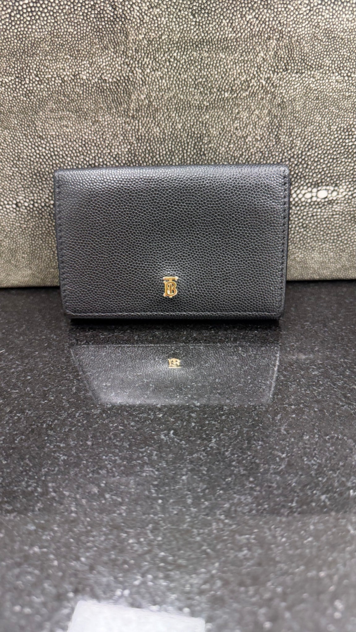 Burberry Black Leather TB Logo Trifold Wallet