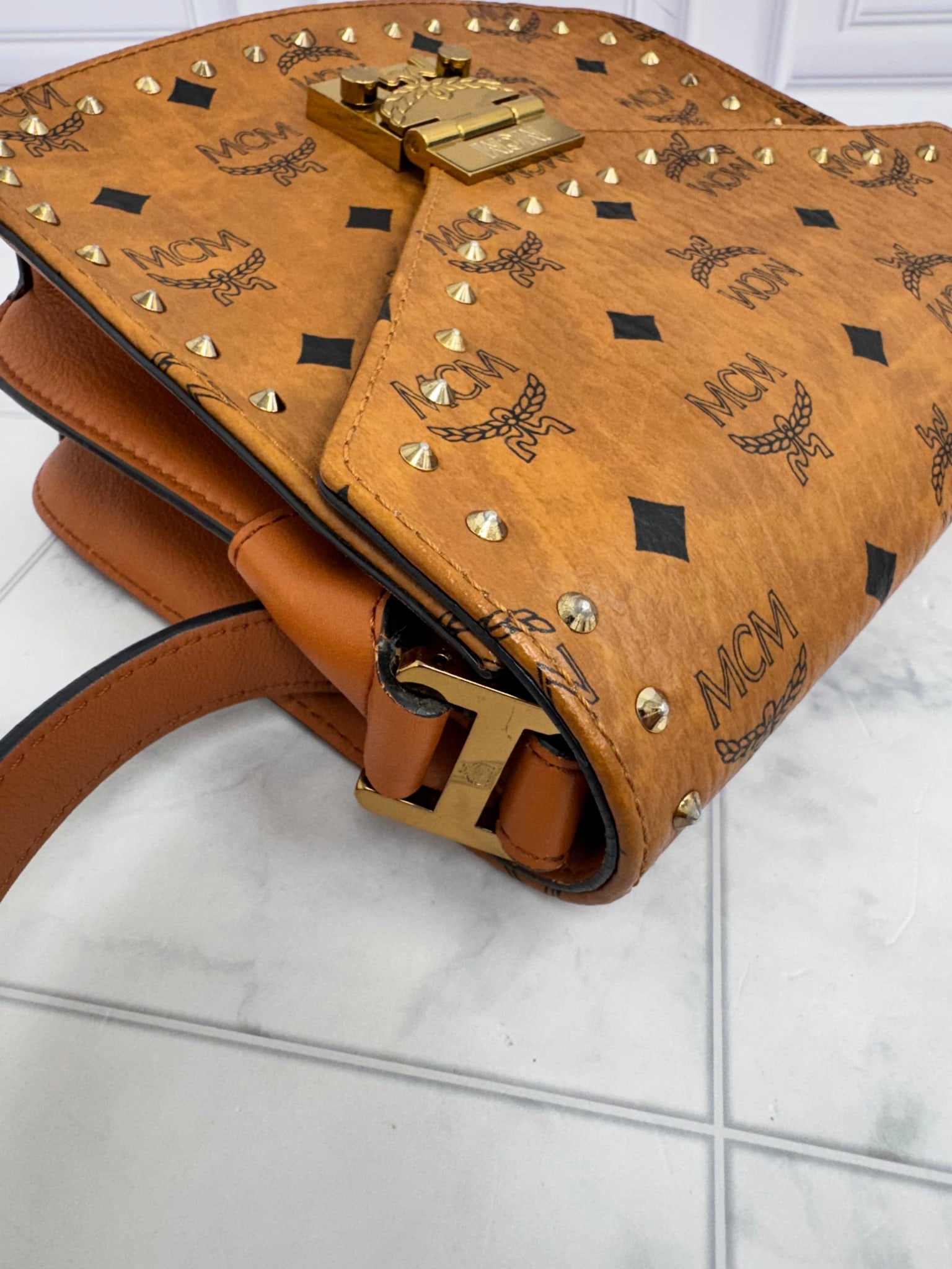 MCM Cognac Visetos Coated Canvas Studded Patricia Outline Small Crossbody Bag