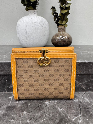 LIKE NEW - Gucci Brown And Tan Micro GG Supreme Coated Canvas Vintage Flip Lock Compact Wallet