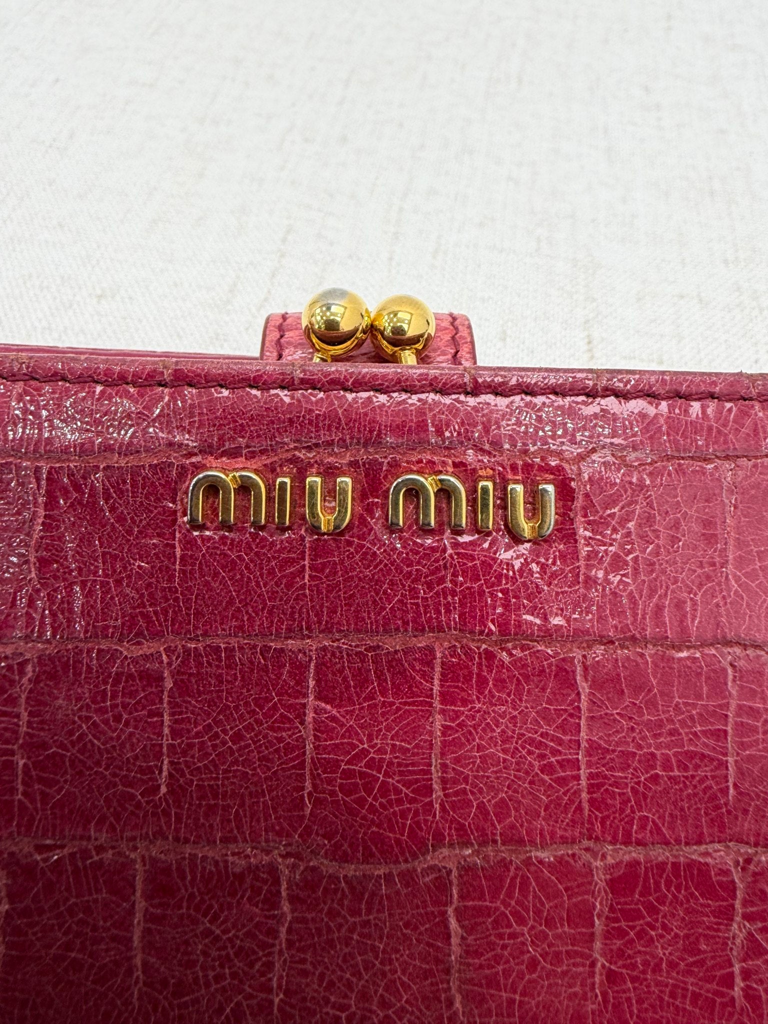 Miu Miu Dark Pink Crocodile Embossed Kiss Lock Wallet