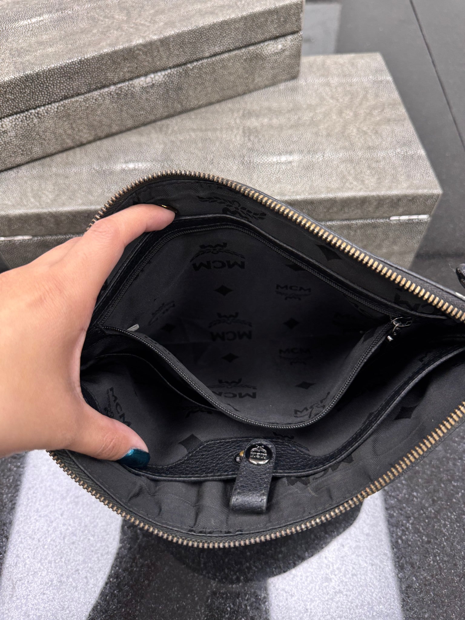MCM Black Visetos Coated Canvas Studded Wristlet