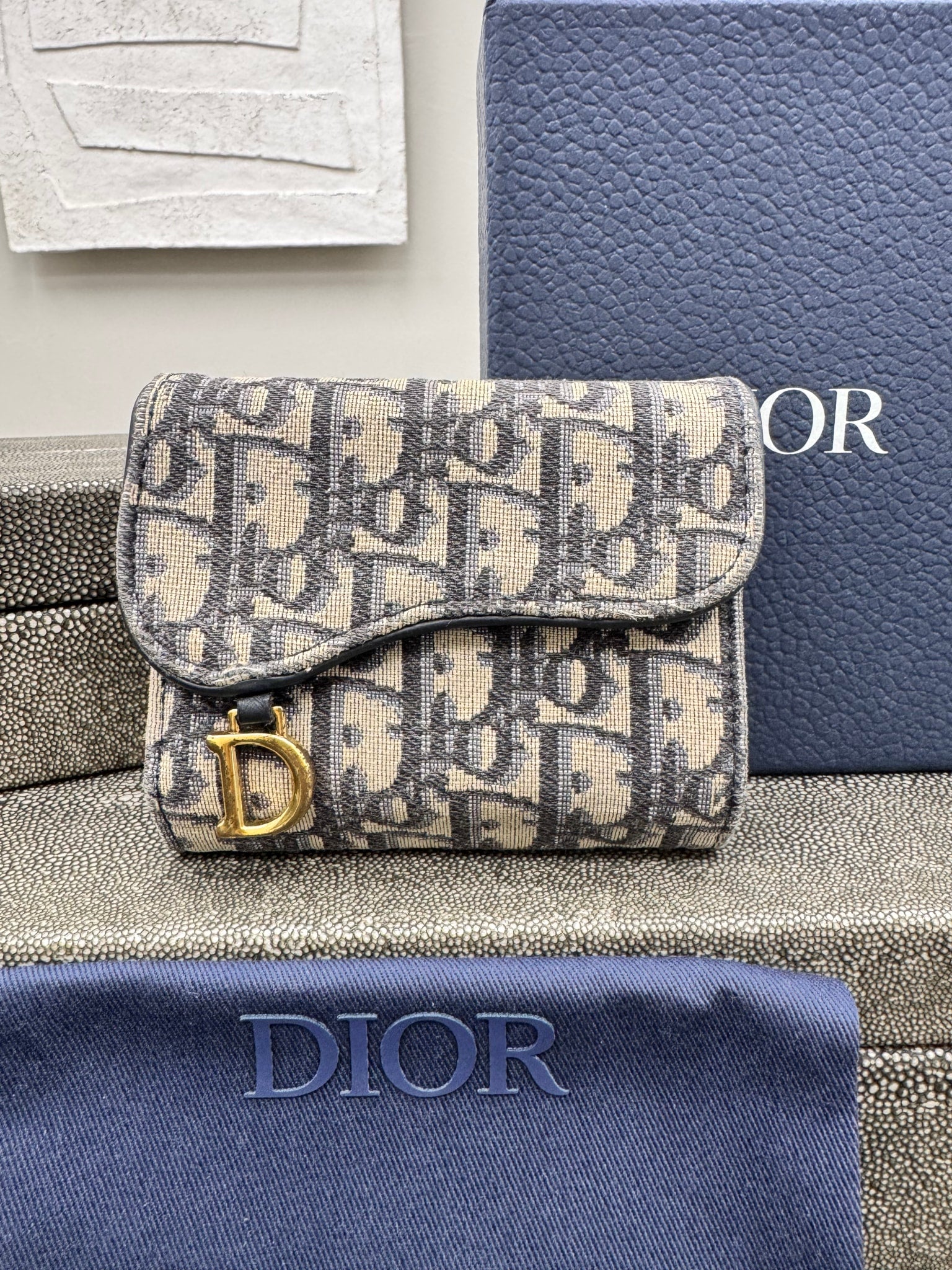 Christian Dior Blue Oblique Jacquard Saddle Card Holder