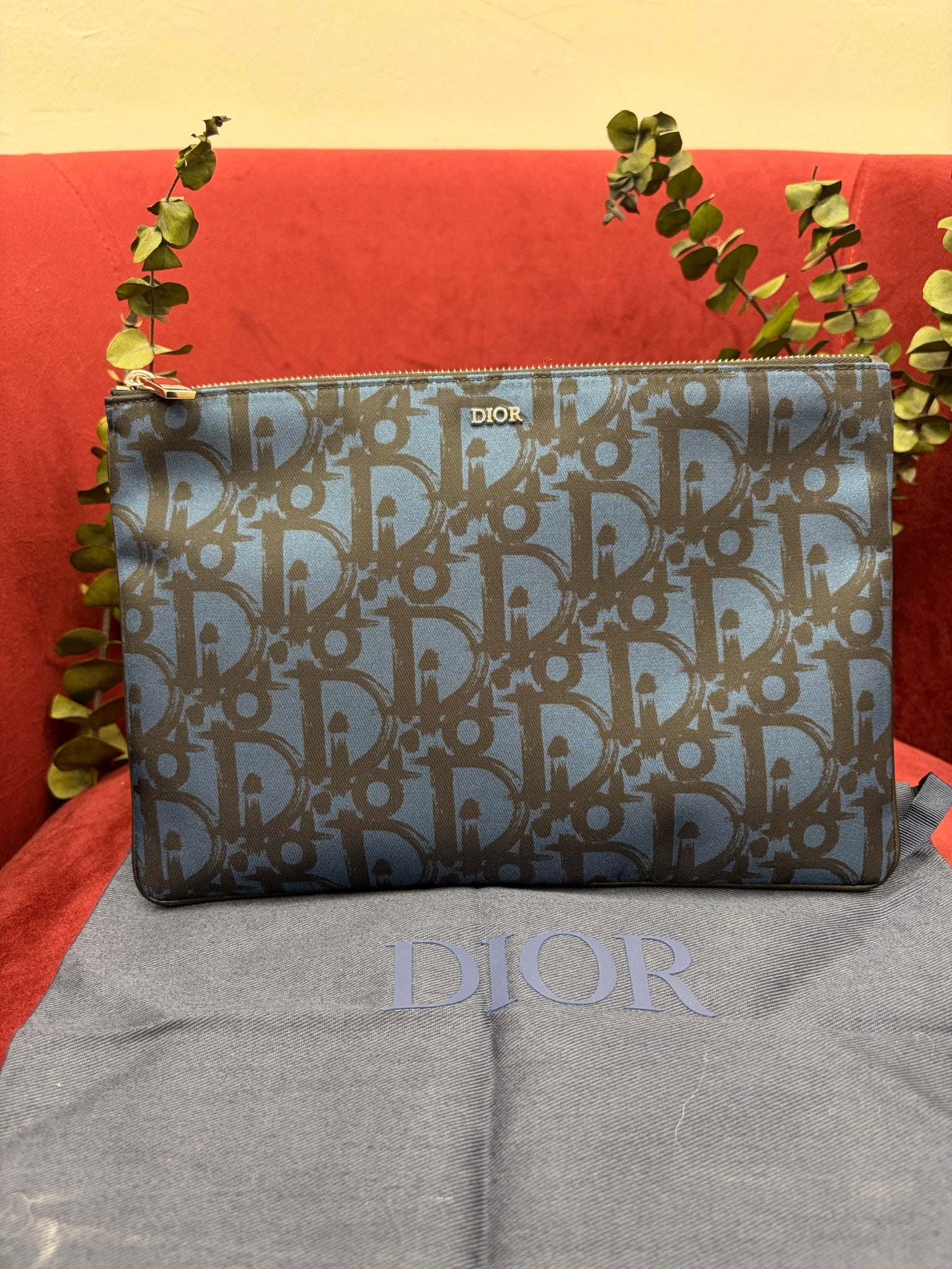 Christian Dior Blue Jacquard Nylon Zipper Pouch