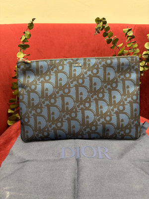 Christian Dior Blue Jacquard Nylon Zipper Pouch
