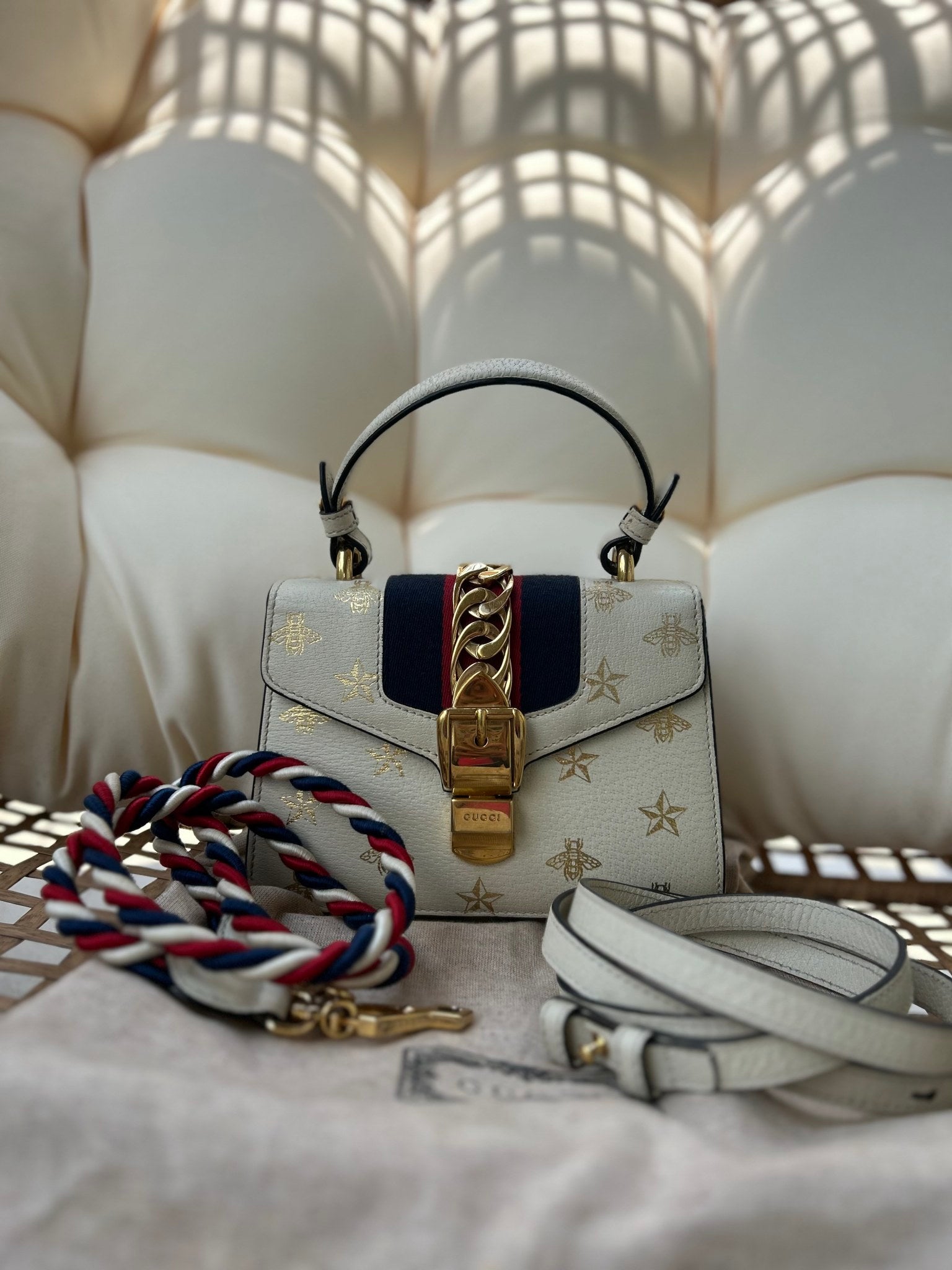 Gucci Ivory Calfskin Bee & Star Mini Sylvie Top Handle Bag