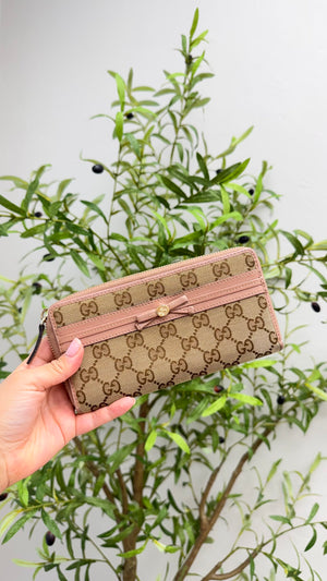 Gucci Pink Leather GG Canvas Bow Zippy Wallet