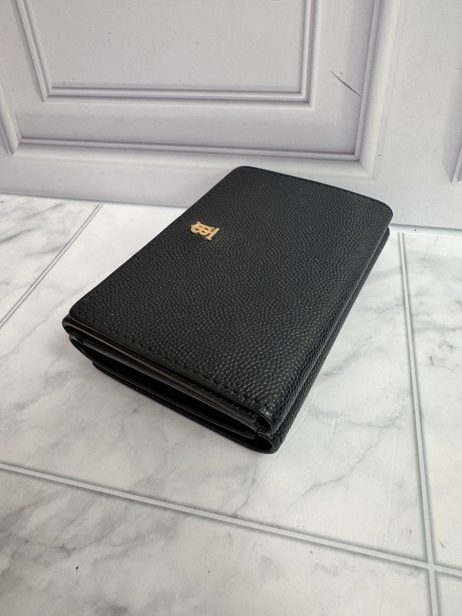 Burberry Black Leather TB Logo Trifold Wallet