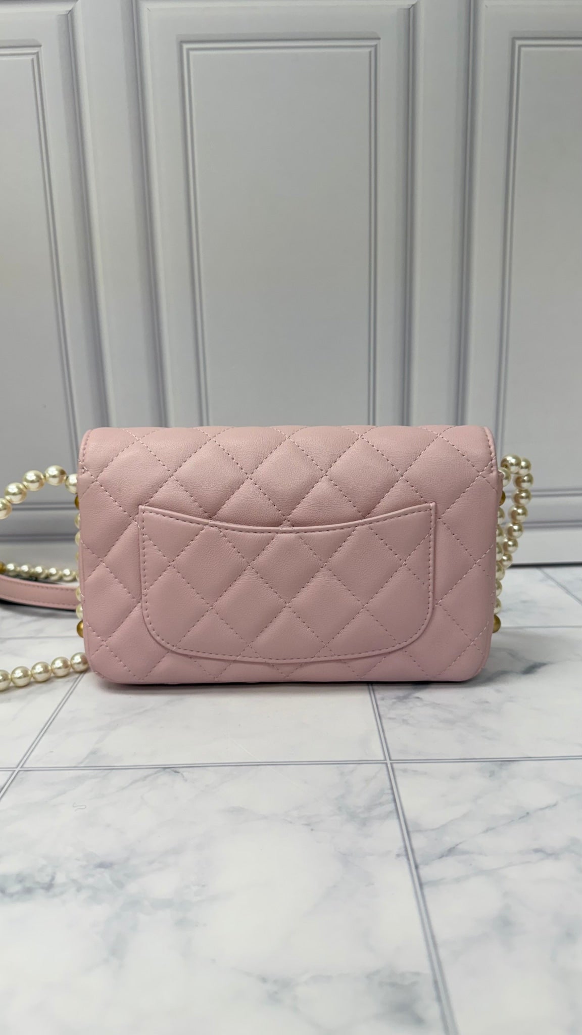 Chanel Pink Lambskin Quilted Leather Pearl Wallet On A Chain 