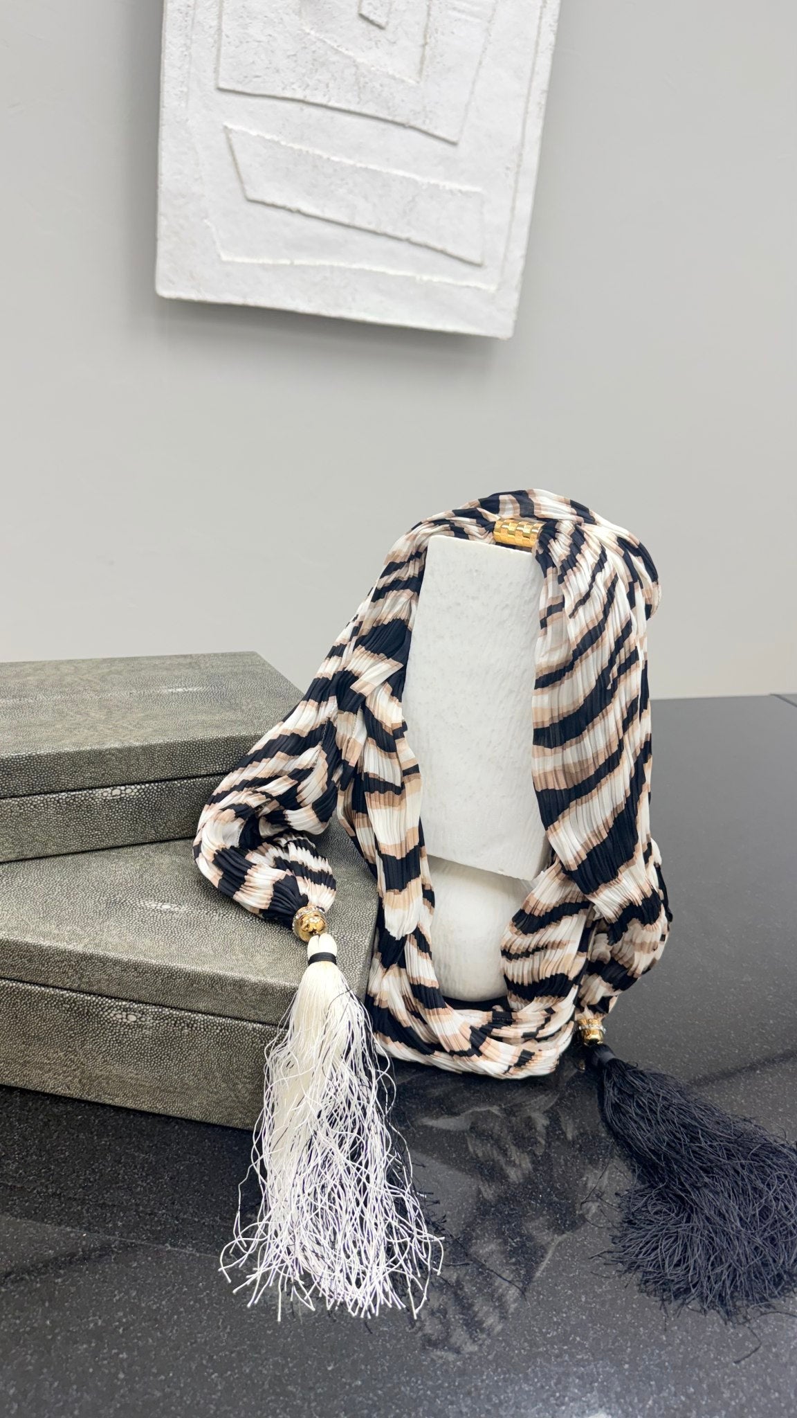 Louis Vuitton Black And White Silk Zebra Stipe Tassel Scarf