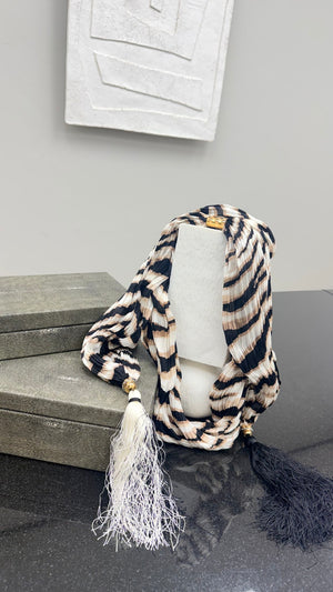 Louis Vuitton Black And White Silk Zebra Stripe Tassel Scarf