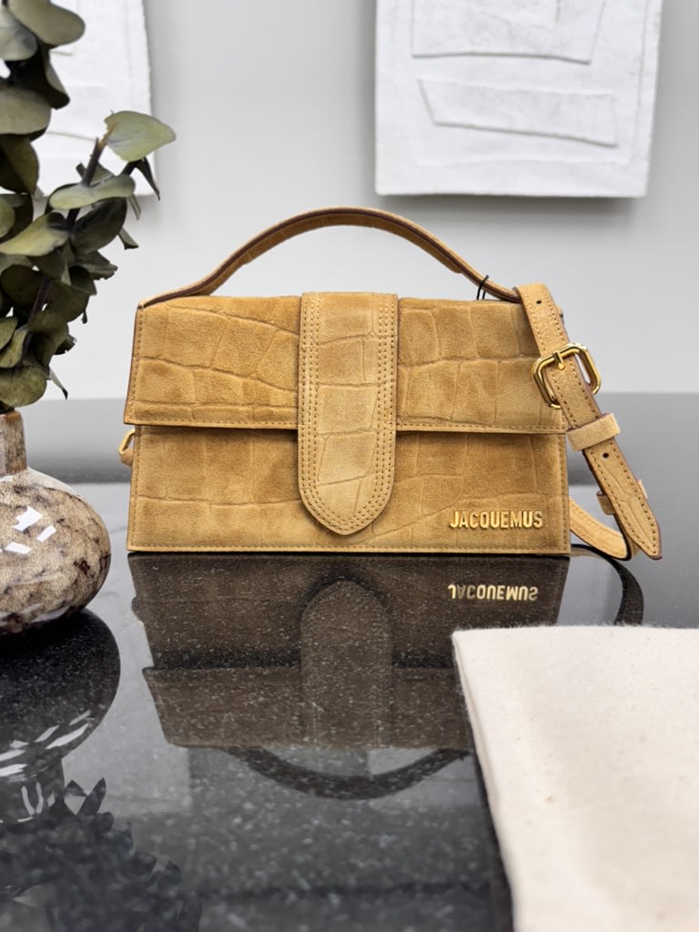 BRAND NEW - Jacquemus Camel Croc Embossed Suede Le Grand Bambino Handbag