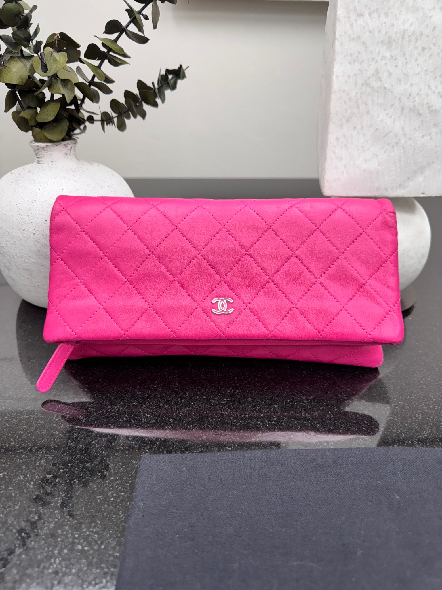 Chanel Pink Quilted Lambskin CC Beauty Fold Over Clutch 