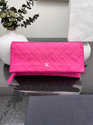 Chanel Pink Quilted Lambskin CC Beauty Fold Over Clutch