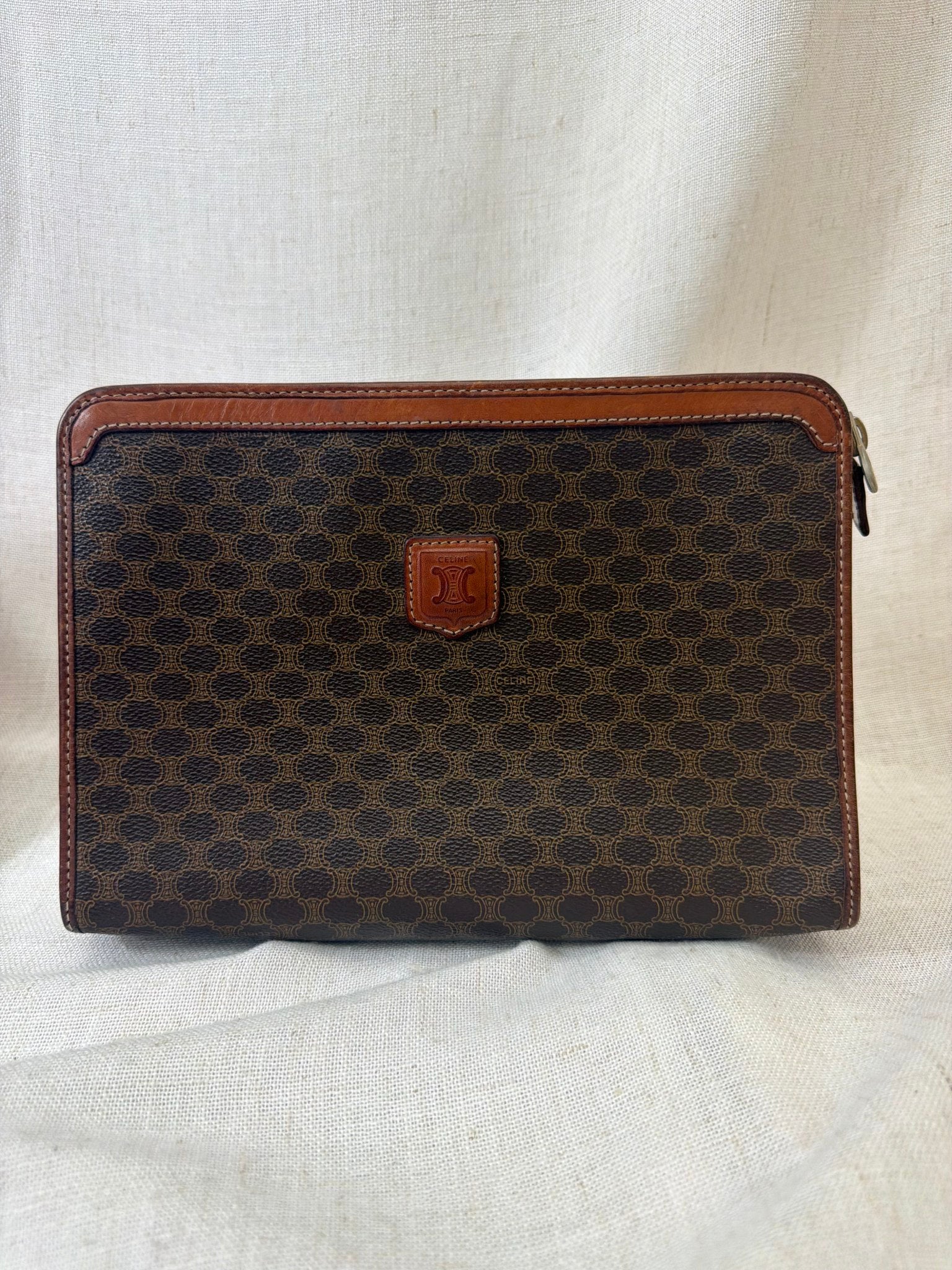 Celine Brown Coated Canvas Macadam Clutch Travel Bag